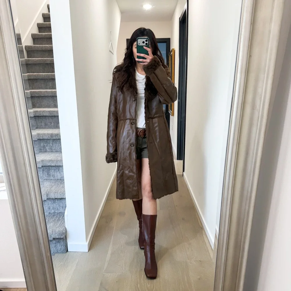 Vintage Y2K Penny Lane 70s Retro 100% Leather Faux Fur Kenneth Cole Brown Coat M - Picture 3 of 13